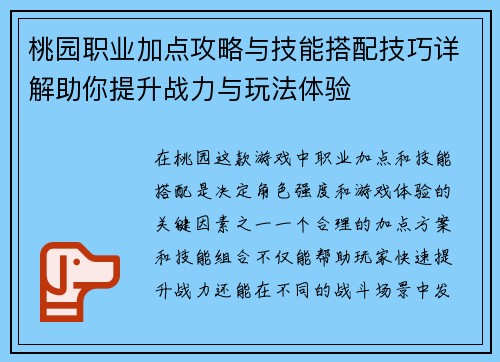 桃园职业加点攻略与技能搭配技巧详解助你提升战力与玩法体验